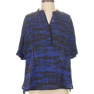 VINCE blue and black silk short sleeve blouse